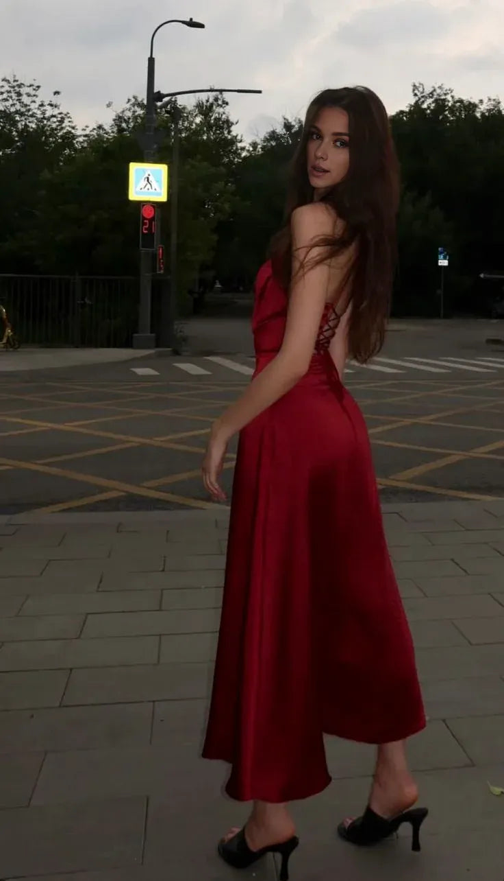 Wholesale Sexy A Line Spagehtti Straps Slim Fit Burgundy Prom Dress Evening Dresses formal wear dresses